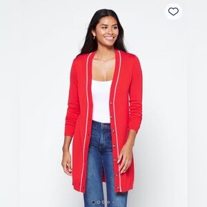 41 Hawthorn Red Long Cardigan with Cream Trim, stitch fix